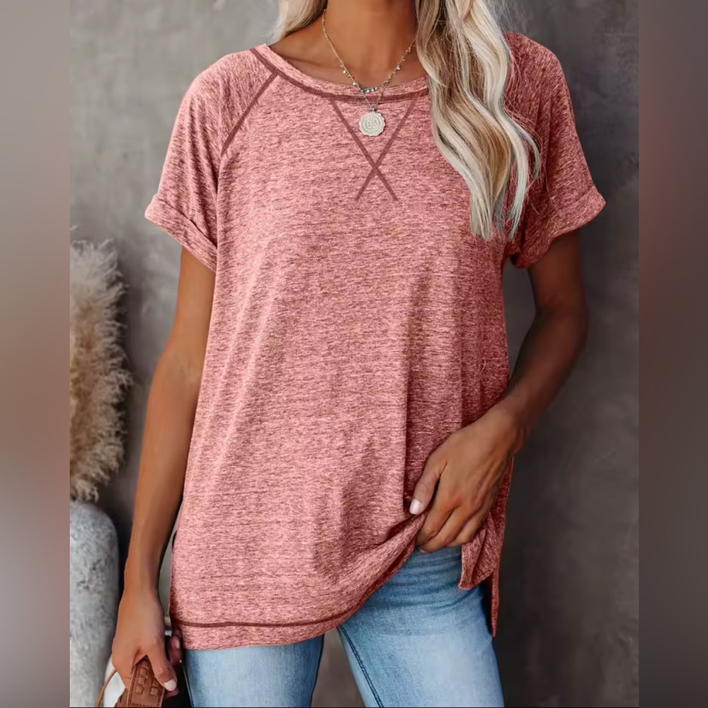 NEW Pink Crewneck Cuffed Short Sleeve Tee w/ Side Slits